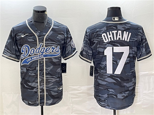 Los Angeles Dodgers #17 Shohei Ohtani Gray Camo Cool Base With Patch Stitched Jersey - Click Image to Close